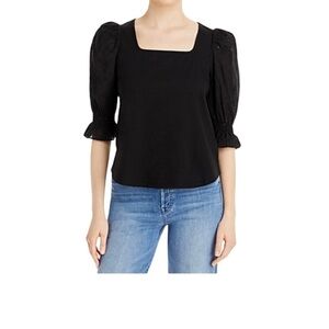 Status By Chenault Black Top With Eyelet 3/4 Length Puff Sleeve - Size Large